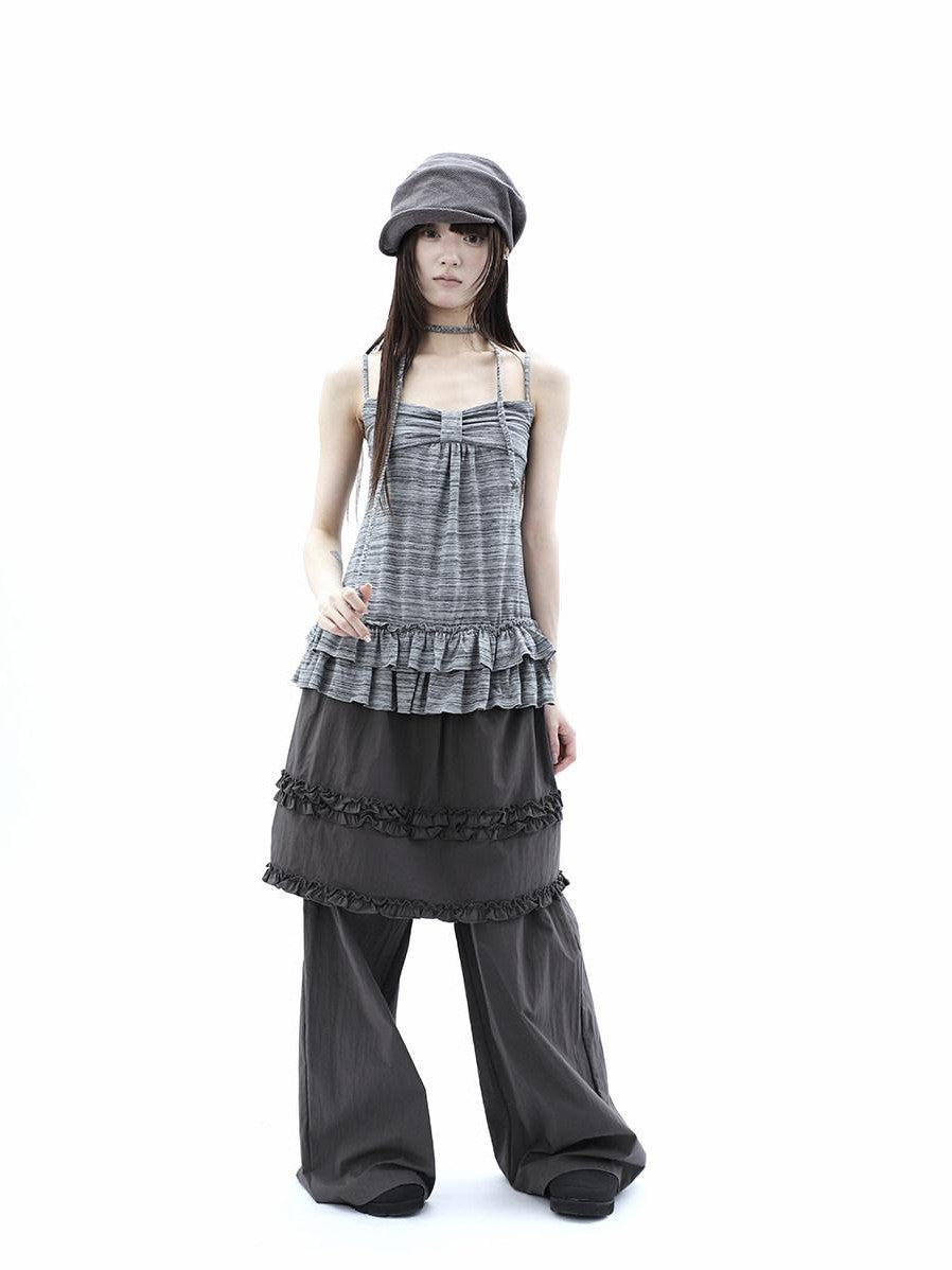 ang project Gray Striped Asymmetric Double Layer Tie Detail Women&