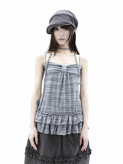 ang project Gray Striped Asymmetric Double Layer Tie Detail Women&