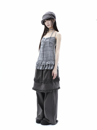 ang project Gray Striped Asymmetric Double Layer Tie Detail Women&