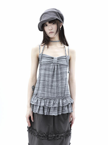 ang project Gray Striped Asymmetric Double Layer Tie Detail Women&