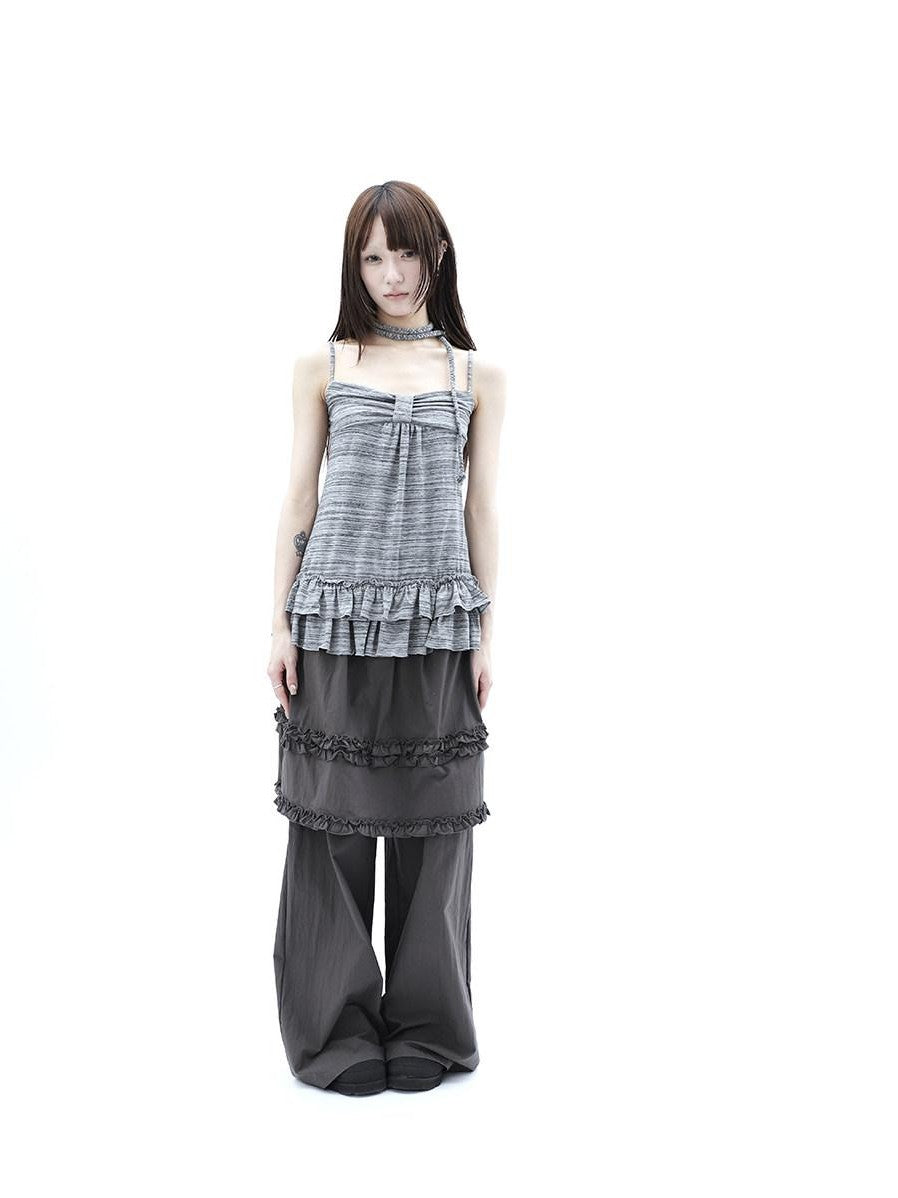 ang project Gray Striped Asymmetric Double Layer Tie Detail Women&