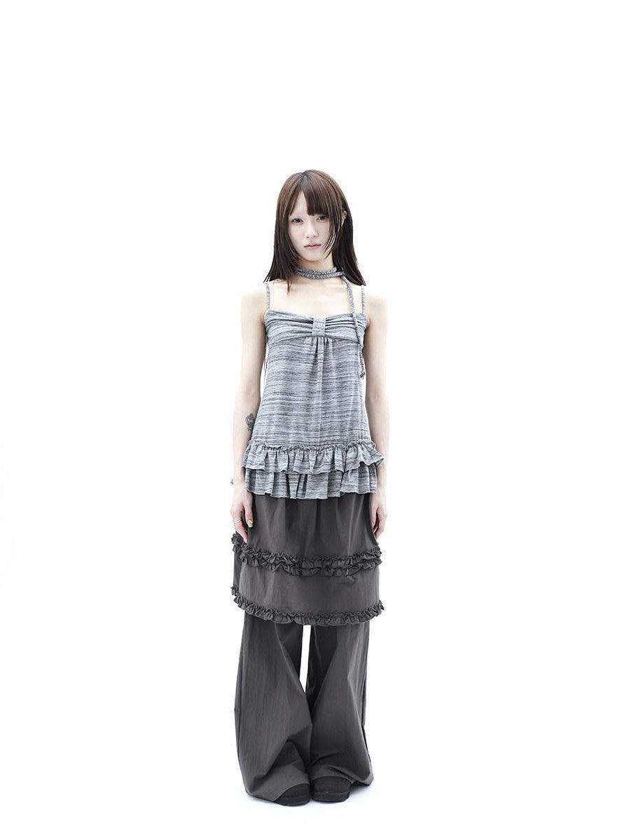 ang project Gray Striped Asymmetric Double Layer Tie Detail Women&