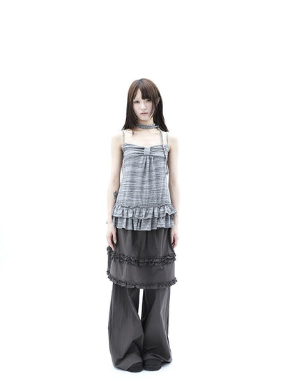 ang project Gray Striped Asymmetric Double Layer Tie Detail Women&