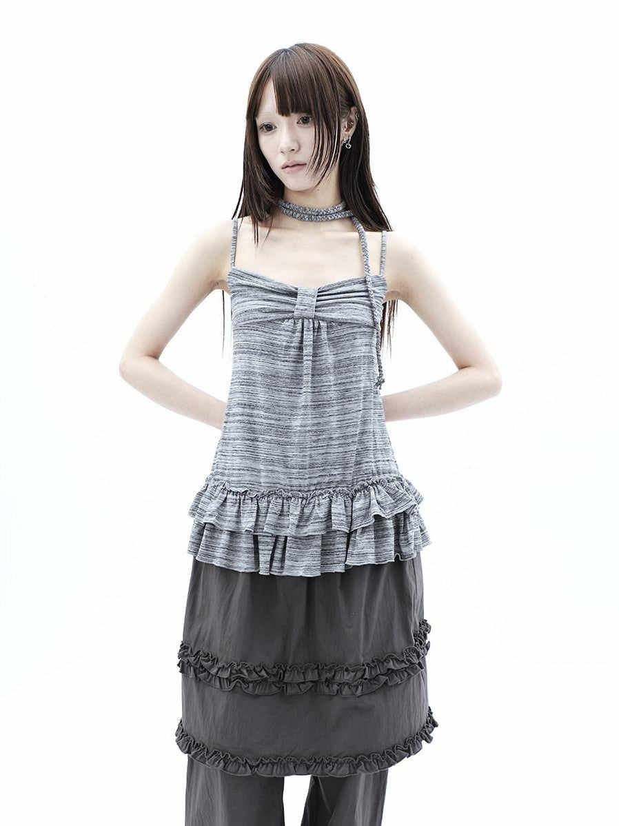 ang project Gray Striped Asymmetric Double Layer Tie Detail Women&