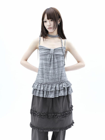 ang project Gray Striped Asymmetric Double Layer Tie Detail Women&