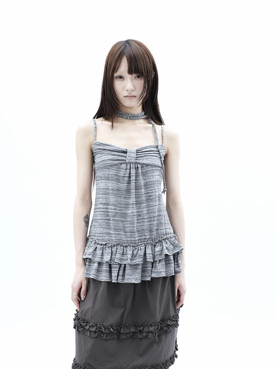 ang project Gray Striped Asymmetric Double Layer Tie Detail Women&