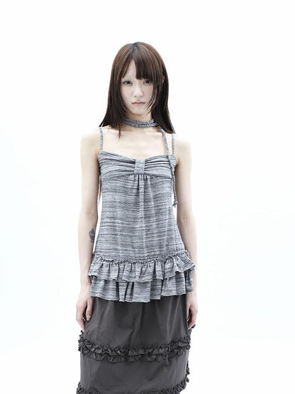 ang project Gray Striped Asymmetric Double Layer Tie Detail Women&