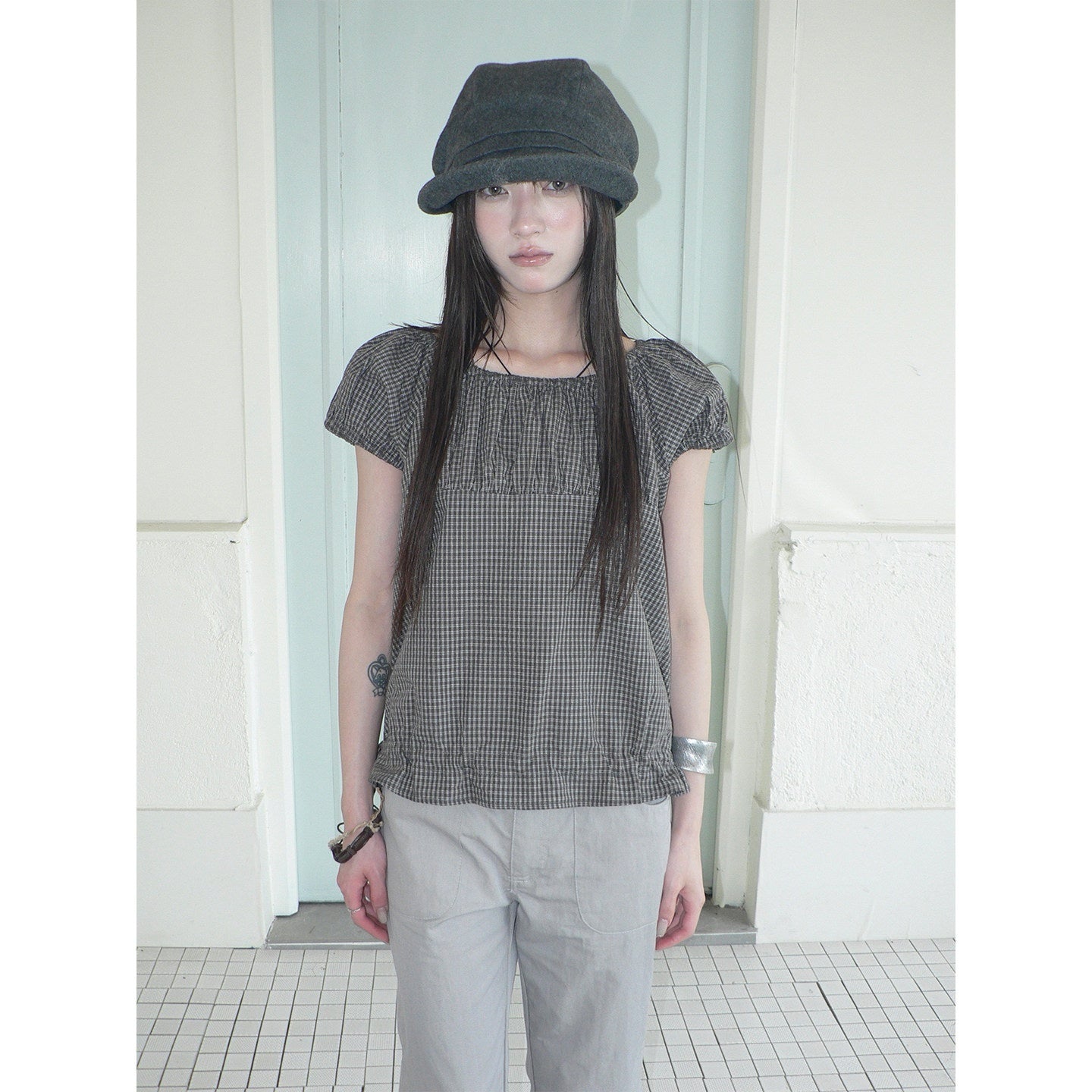 ang_project_Gray_Vintage_Plaid_Puff_Sleeve_Cropped_Round_Neck_Waist_Cinch_Women&