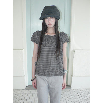 ang_project_Gray_Vintage_Plaid_Puff_Sleeve_Cropped_Round_Neck_Waist_Cinch_Women&
