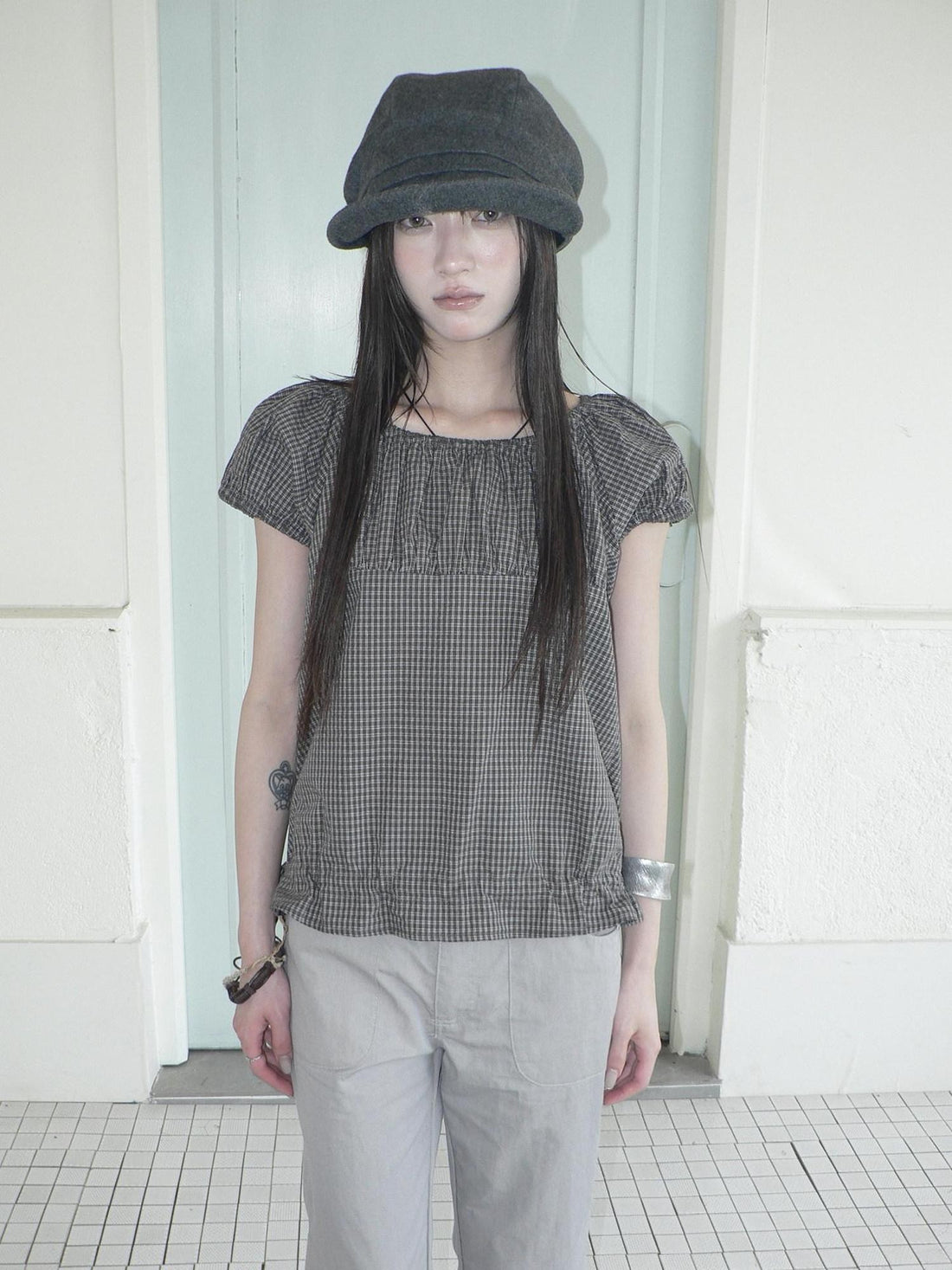 ang project Gray Vintage Plaid Puff Sleeve Cropped Round Neck Waist Cinch Women&