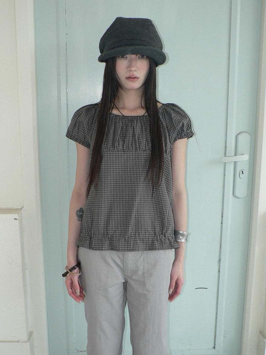 ang project Gray Vintage Plaid Puff Sleeve Cropped Round Neck Waist Cinch Women&