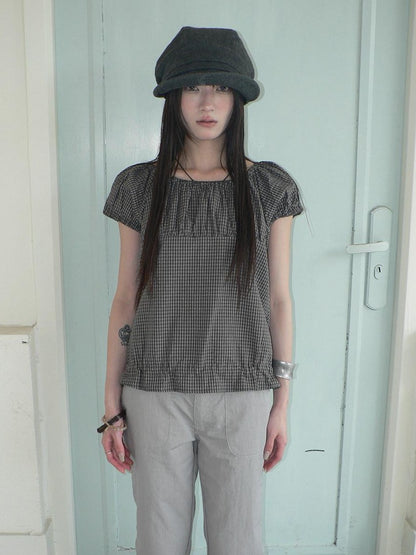 ang project Gray Vintage Plaid Puff Sleeve Cropped Round Neck Waist Cinch Women&