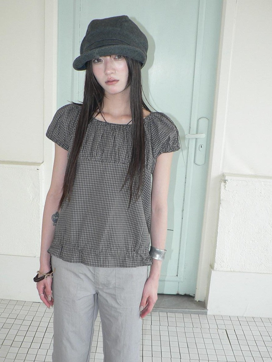ang project Gray Vintage Plaid Puff Sleeve Cropped Round Neck Waist Cinch Women&