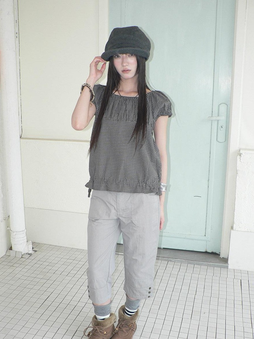 ang project Gray Vintage Plaid Puff Sleeve Cropped Round Neck Waist Cinch Women&