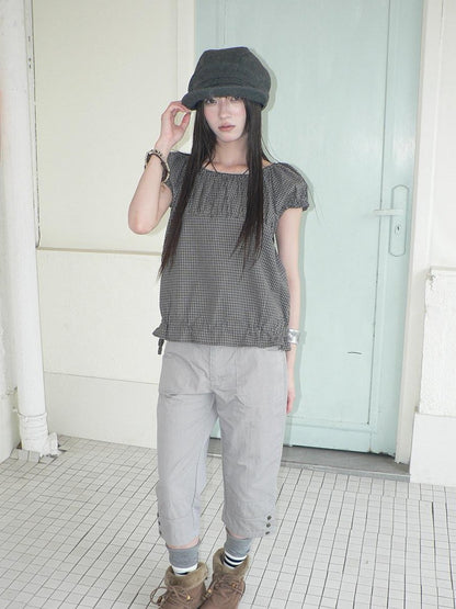 ang project Gray Vintage Plaid Puff Sleeve Cropped Round Neck Waist Cinch Women&