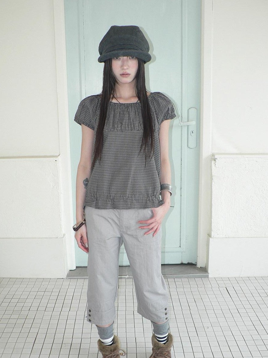 ang project Gray Vintage Plaid Puff Sleeve Cropped Round Neck Waist Cinch Women&
