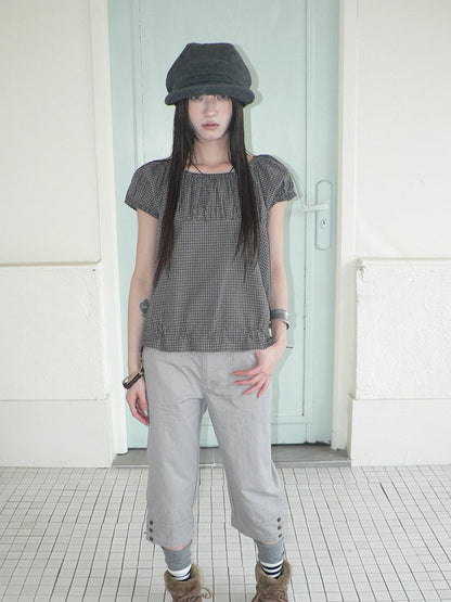 ang project Gray Vintage Plaid Puff Sleeve Cropped Round Neck Waist Cinch Women&