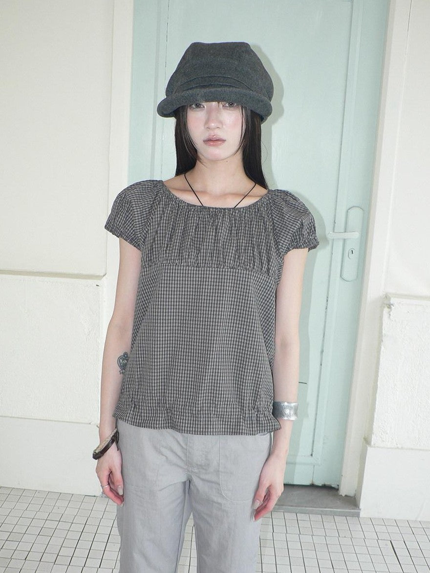ang project Gray Vintage Plaid Puff Sleeve Cropped Round Neck Waist Cinch Women&