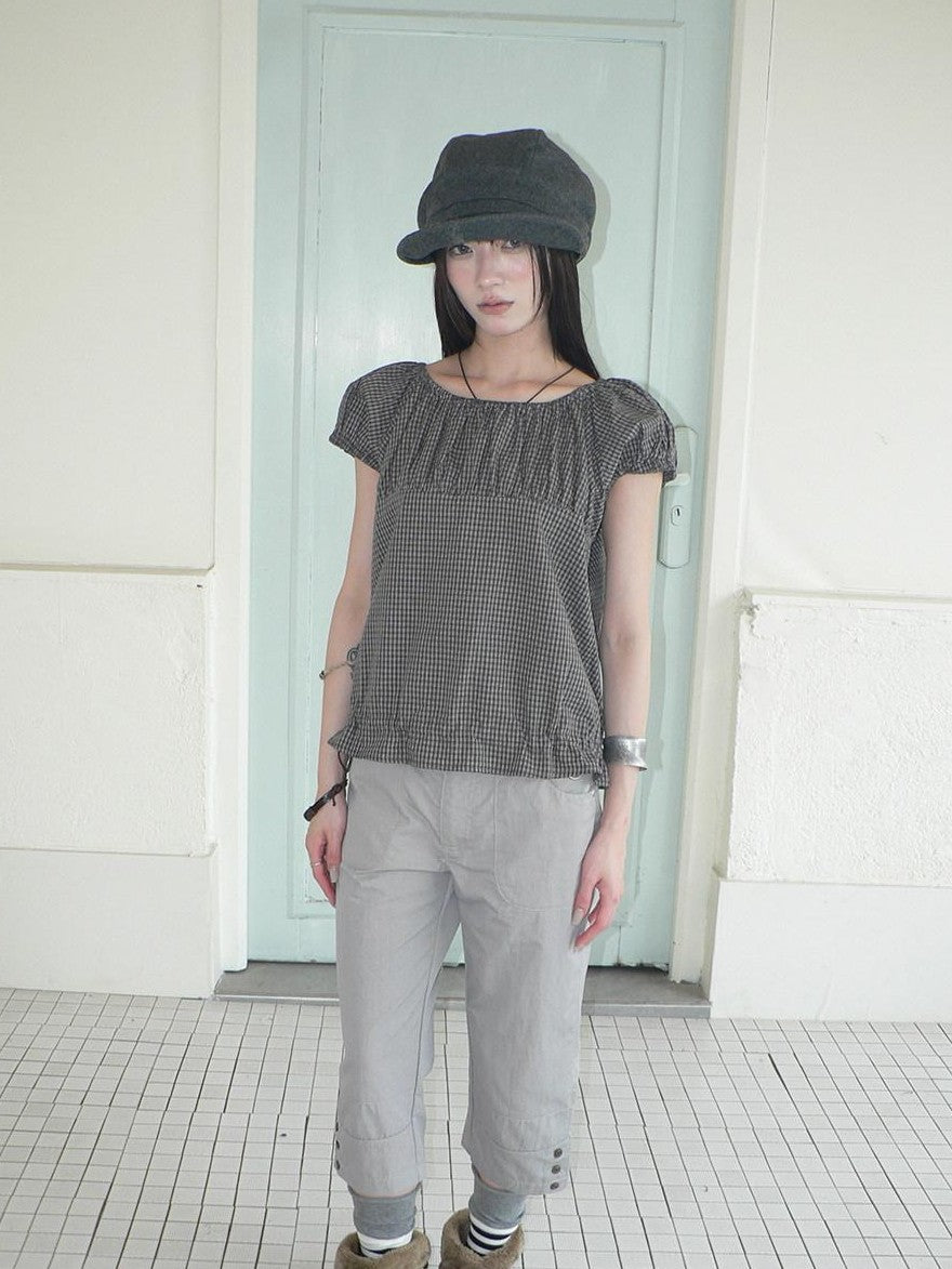 ang project Gray Vintage Plaid Puff Sleeve Cropped Round Neck Waist Cinch Women&