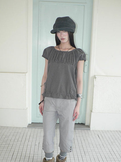 ang project Gray Vintage Plaid Puff Sleeve Cropped Round Neck Waist Cinch Women&