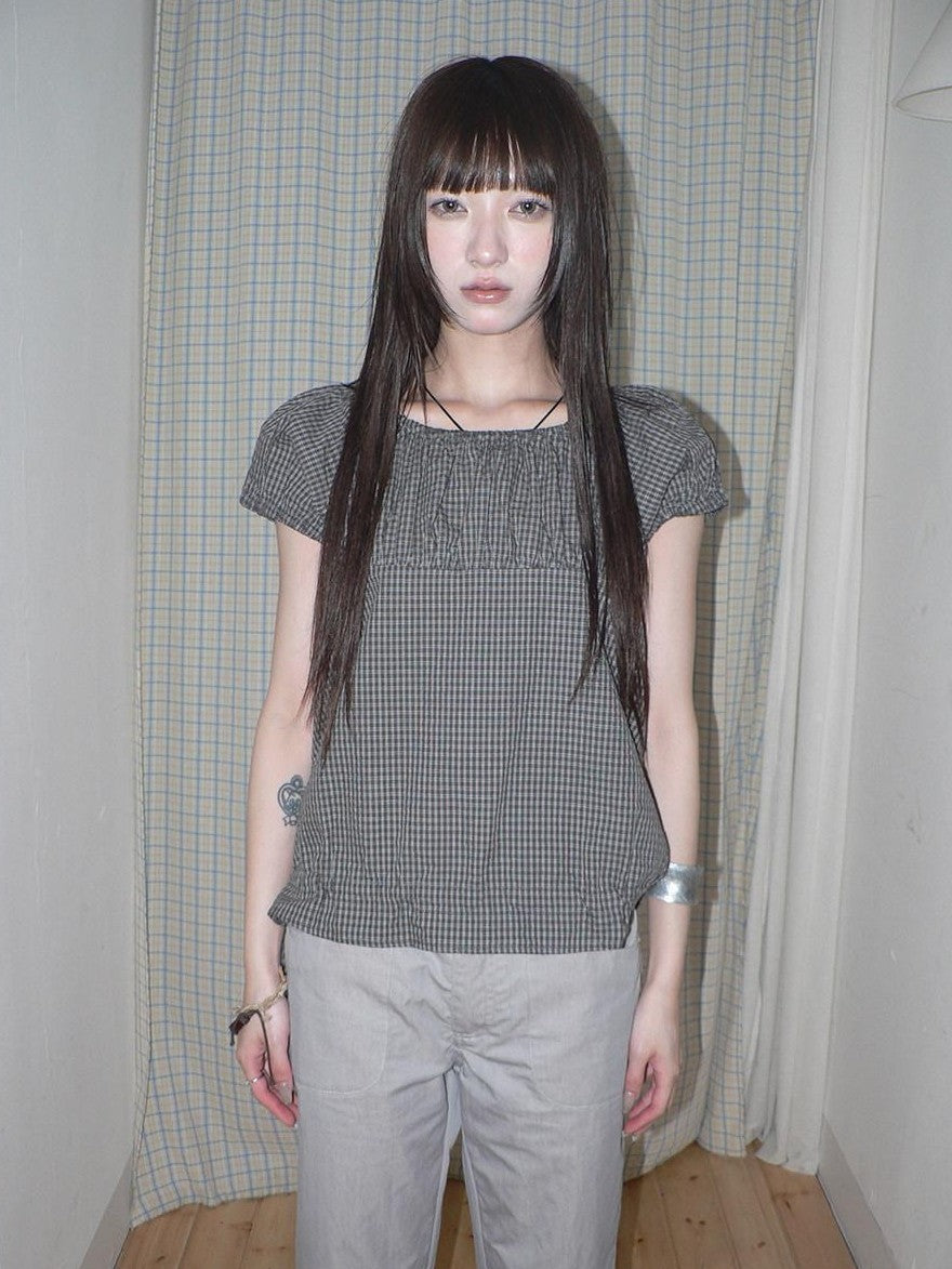 ang project Gray Vintage Plaid Puff Sleeve Cropped Round Neck Waist Cinch Women&