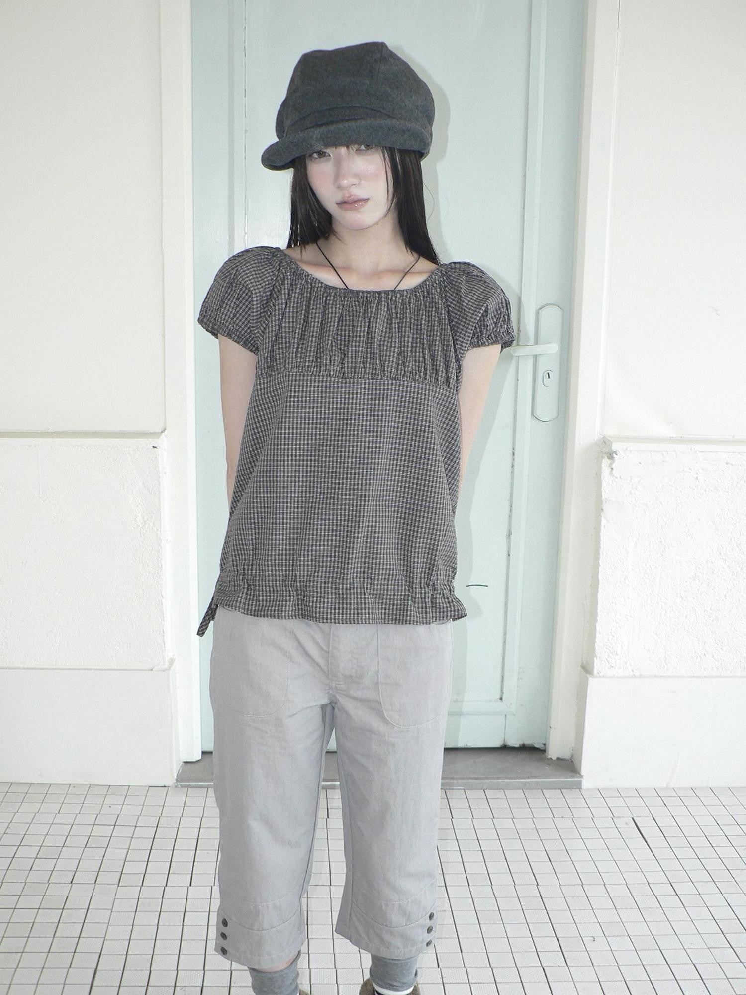 ang project Gray Vintage Plaid Puff Sleeve Cropped Round Neck Waist Cinch Women&