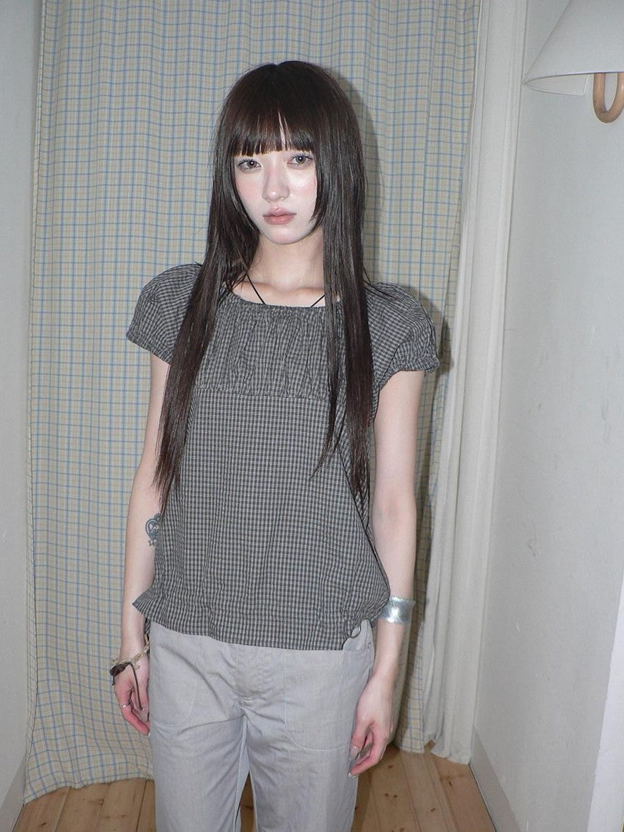 ang project Gray Vintage Plaid Puff Sleeve Cropped Round Neck Waist Cinch Women&
