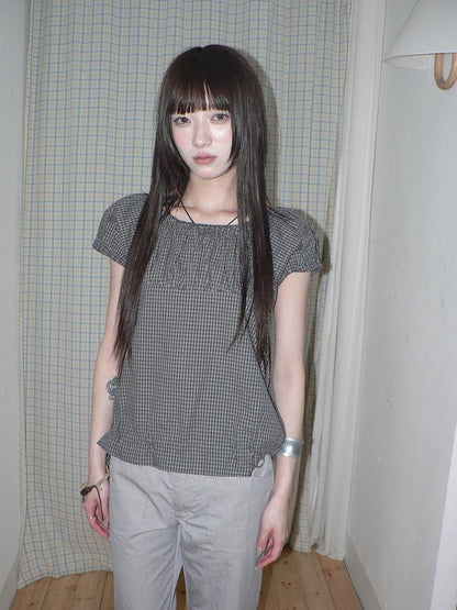 ang project Gray Vintage Plaid Puff Sleeve Cropped Round Neck Waist Cinch Women&