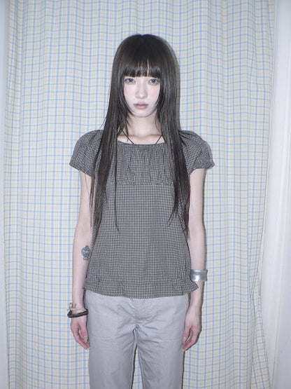 ang project Gray Vintage Plaid Puff Sleeve Cropped Round Neck Waist Cinch Women&