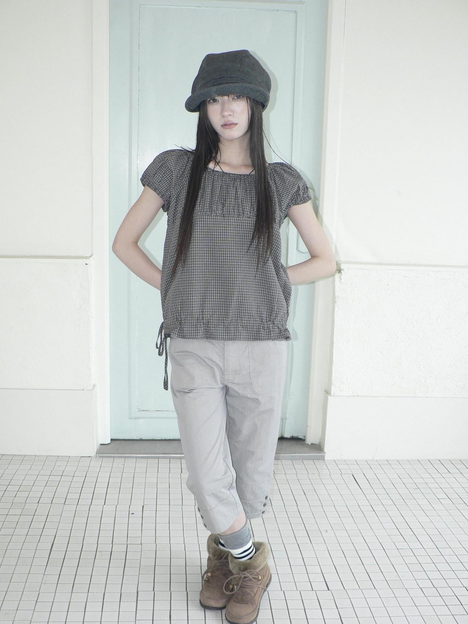 ang project Gray Vintage Plaid Puff Sleeve Cropped Round Neck Waist Cinch Women&