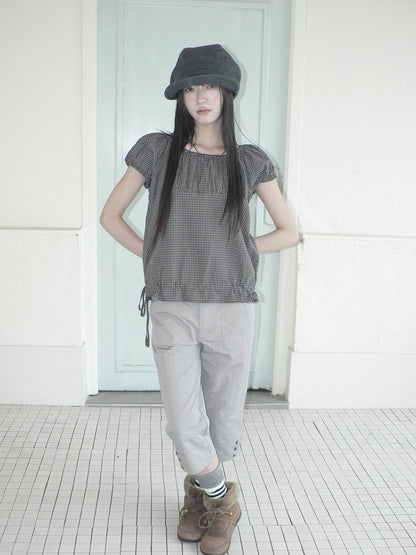 ang project Gray Vintage Plaid Puff Sleeve Cropped Round Neck Waist Cinch Women&
