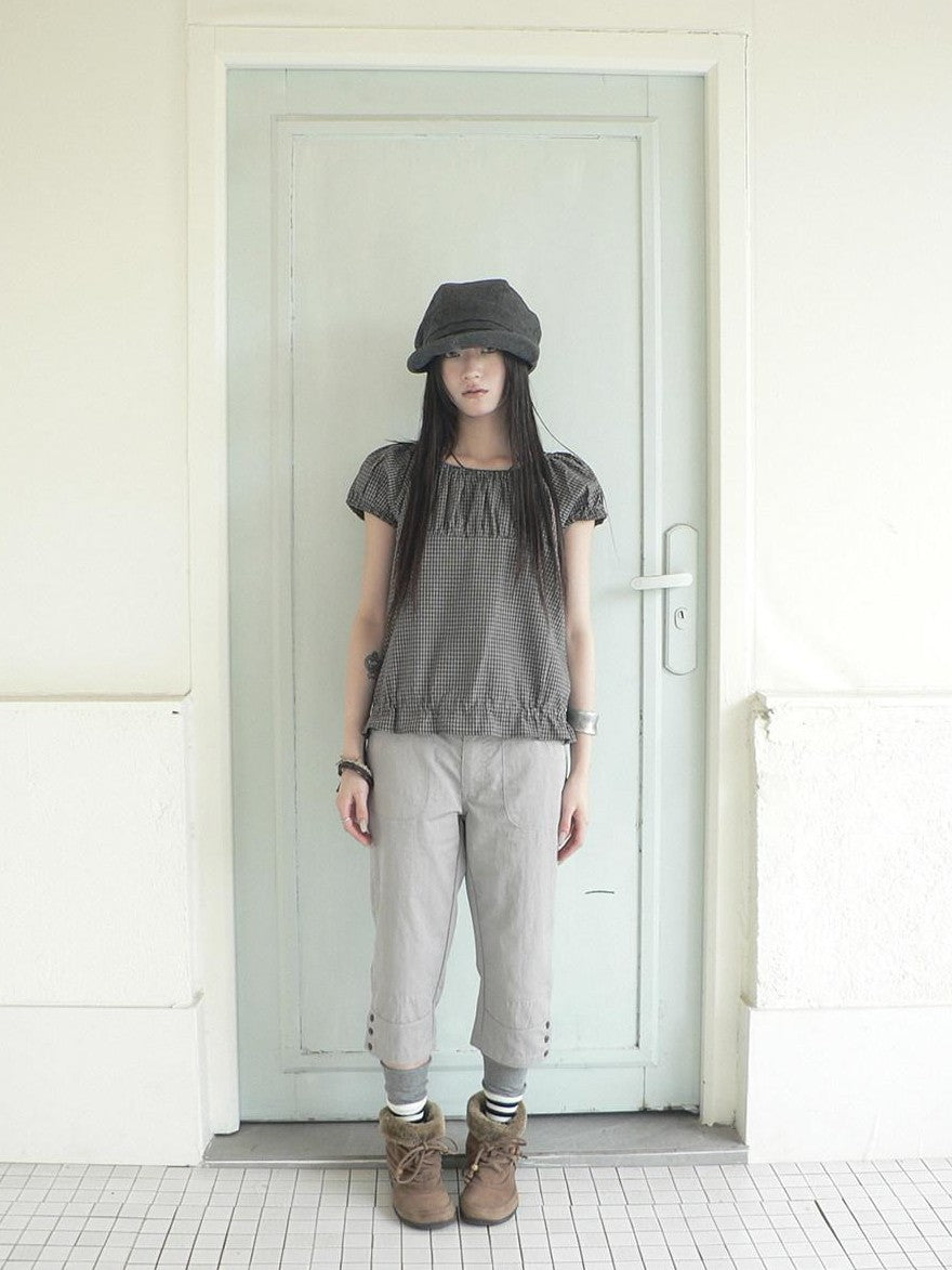 ang project Gray Vintage Plaid Puff Sleeve Cropped Round Neck Waist Cinch Women&