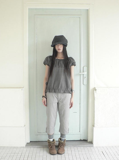 ang project Gray Vintage Plaid Puff Sleeve Cropped Round Neck Waist Cinch Women&