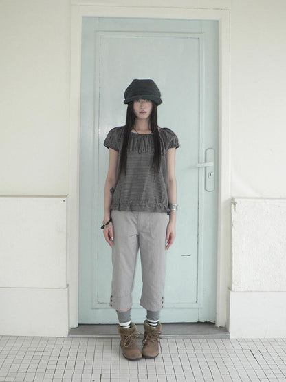 ang project Gray Vintage Plaid Puff Sleeve Cropped Round Neck Waist Cinch Women&