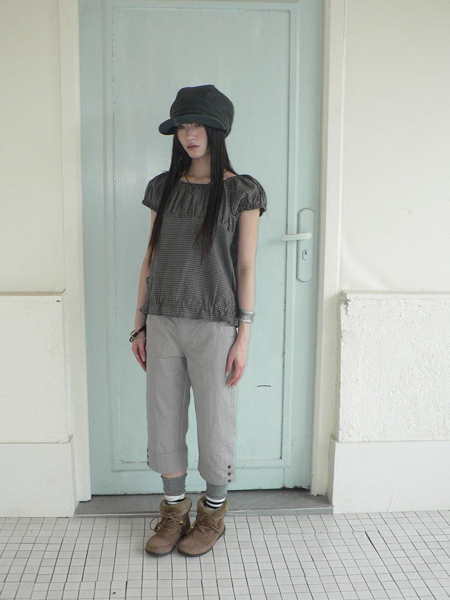 ang project Gray Vintage Plaid Puff Sleeve Cropped Round Neck Waist Cinch Women&
