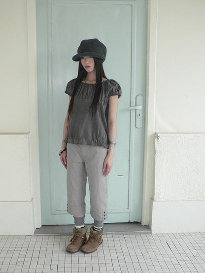 ang project Gray Vintage Plaid Puff Sleeve Cropped Round Neck Waist Cinch Women&