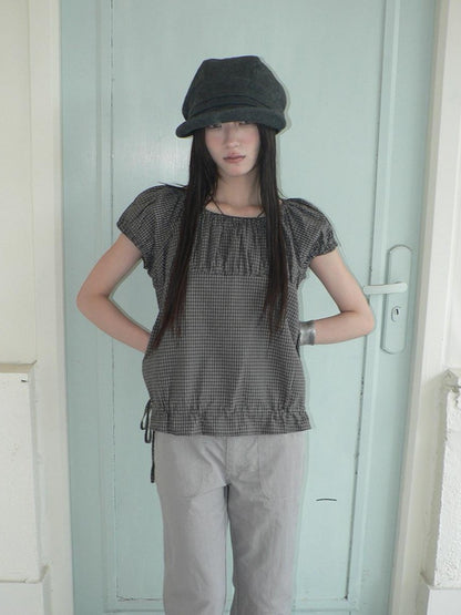 ang project Gray Vintage Plaid Puff Sleeve Cropped Round Neck Waist Cinch Women&