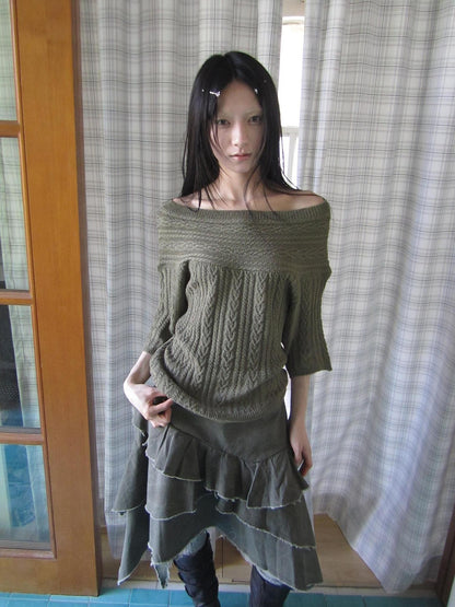 ang project Green Cable Knit Bardot Neckline Two Way Elbow Sleeve Women&