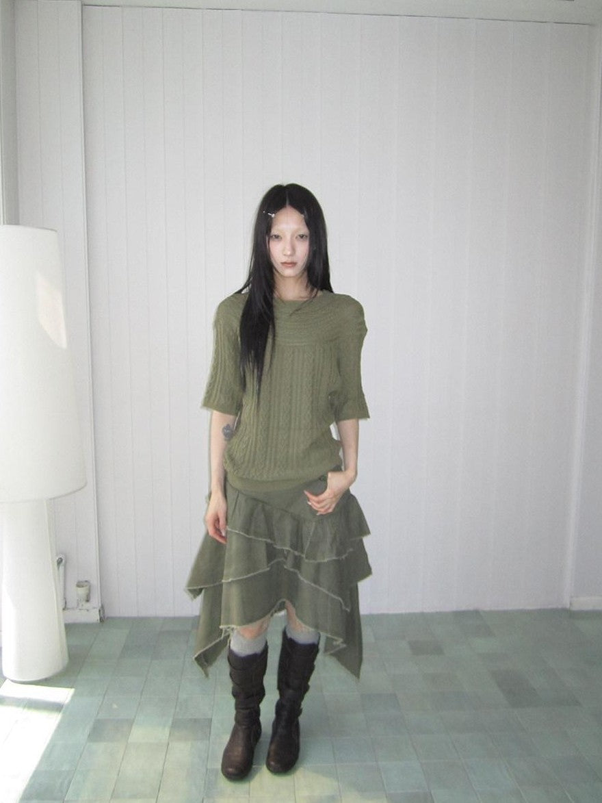 ang project Green Cable Knit Bardot Neckline Two Way Elbow Sleeve Women&