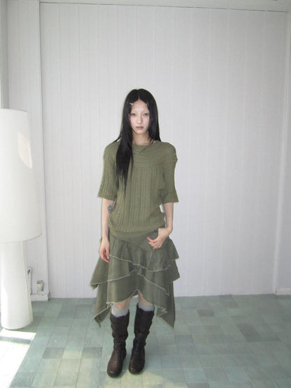 ang project Green Cable Knit Bardot Neckline Two Way Elbow Sleeve Women&