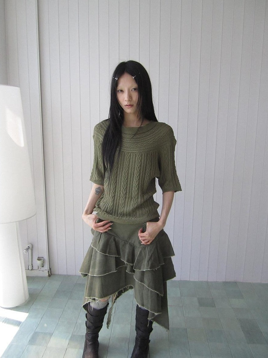 ang project Green Cable Knit Bardot Neckline Two Way Elbow Sleeve Women&