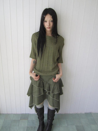 ang project Green Cable Knit Bardot Neckline Two Way Elbow Sleeve Women&