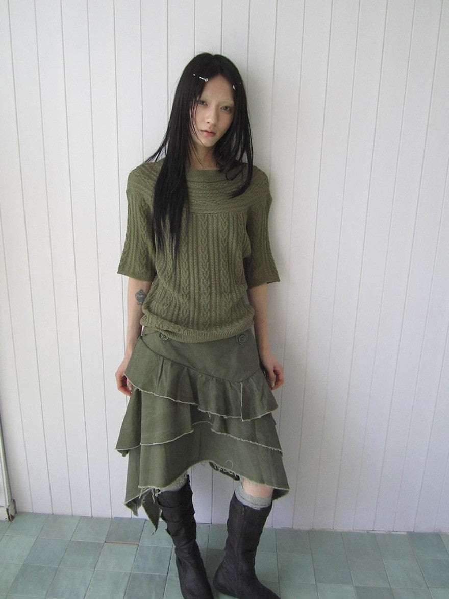 ang project Green Cable Knit Bardot Neckline Two Way Elbow Sleeve Women&