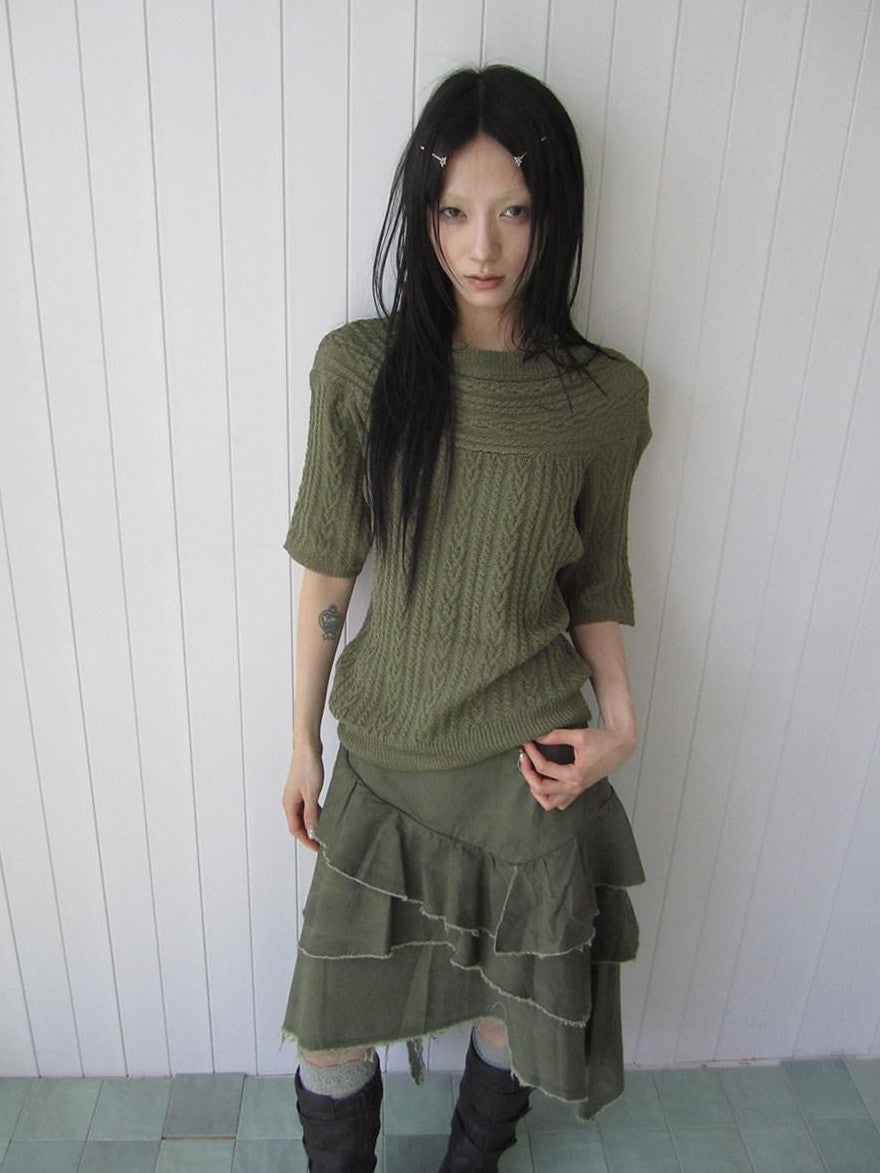 ang project Green Cable Knit Bardot Neckline Two Way Elbow Sleeve Women&