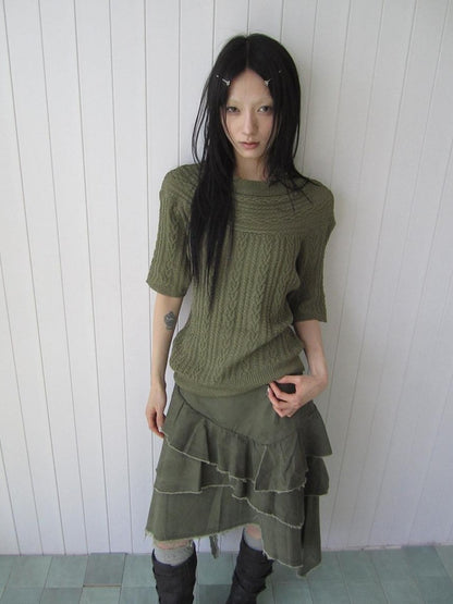ang project Green Cable Knit Bardot Neckline Two Way Elbow Sleeve Women&
