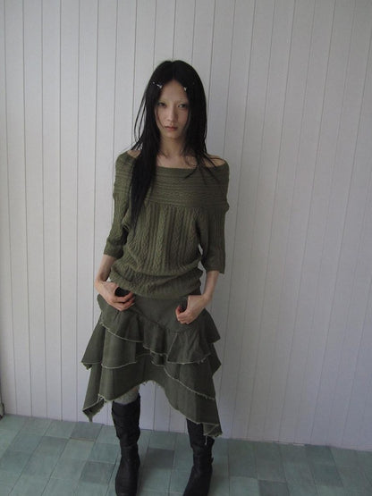 ang project Green Cable Knit Bardot Neckline Two Way Elbow Sleeve Women&