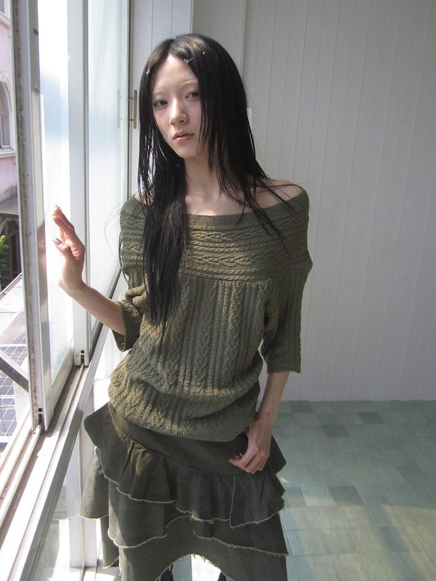 ang project Green Cable Knit Bardot Neckline Two Way Elbow Sleeve Women&