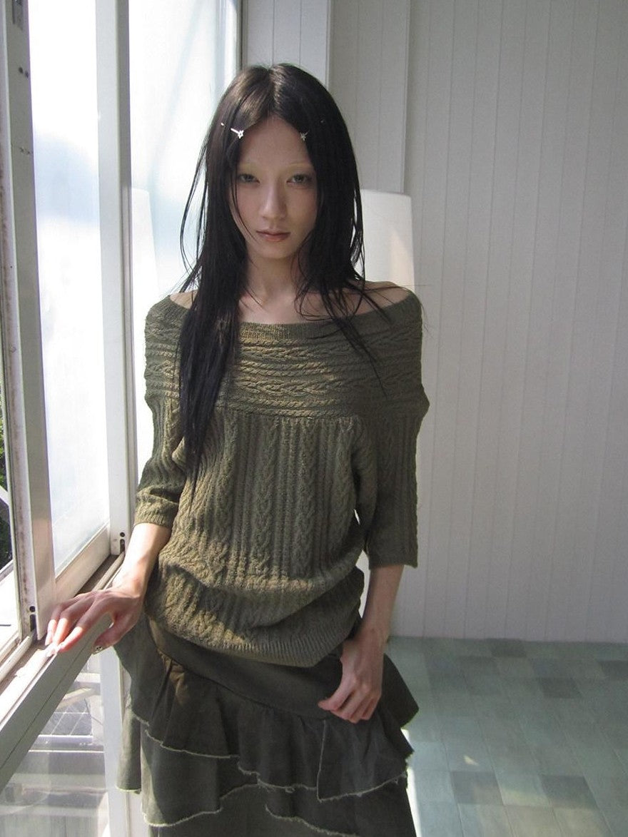 ang project Green Cable Knit Bardot Neckline Two Way Elbow Sleeve Women&