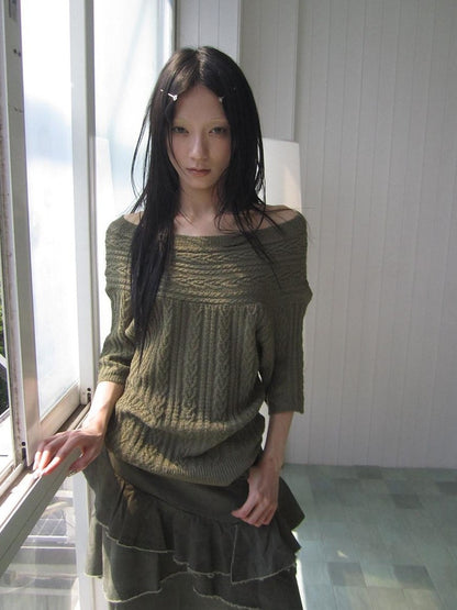 ang project Green Cable Knit Bardot Neckline Two Way Elbow Sleeve Women&