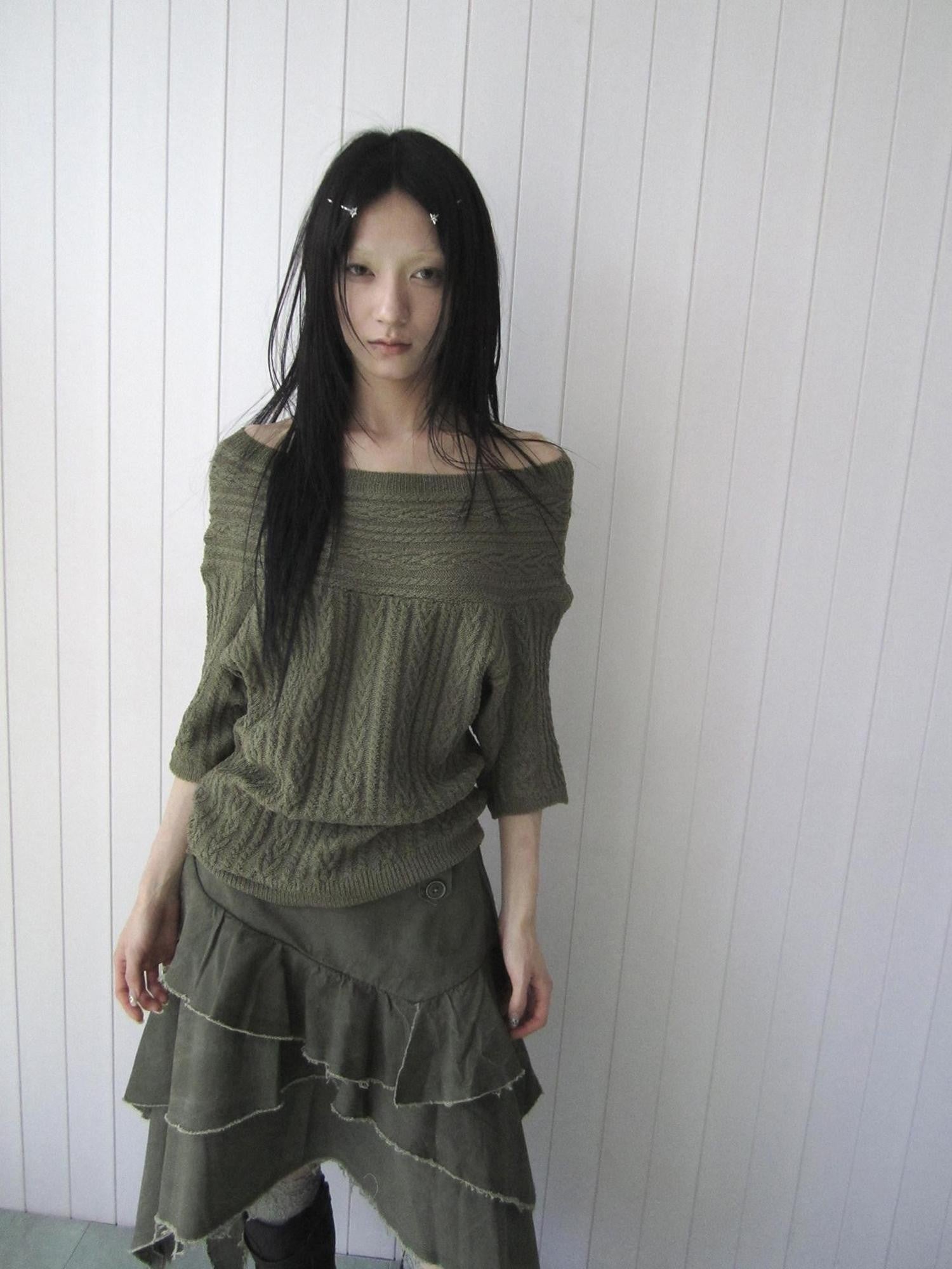 ang project Green Cable Knit Bardot Neckline Two Way Elbow Sleeve Women&